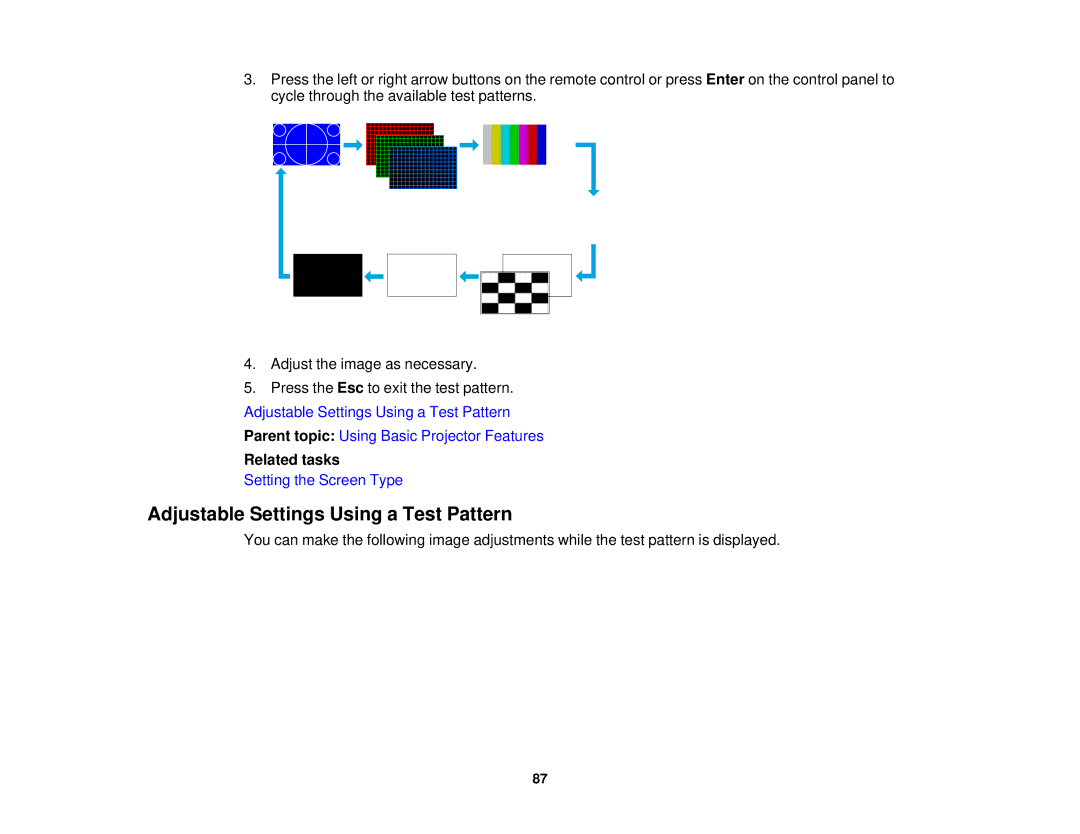 Epson Z10000UNL, Z9870UNL, Z11005NL, Z9900WNL, Z9870NL, Z9800WNL manual Adjustable Settings Using a Test Pattern, Related tasks 