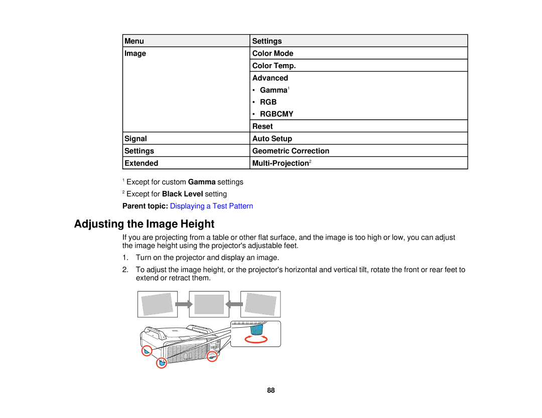 Epson Z10005UNL, Z9870UNL manual Adjusting the Image Height, Menu Settings Image Color Mode Color Temp Advanced Gamma, Reset 