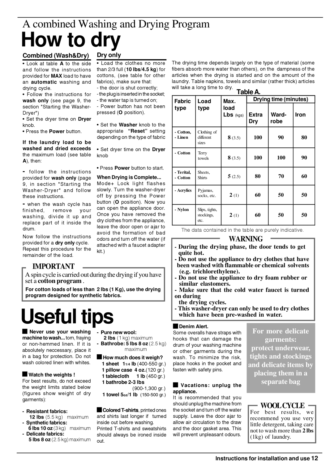 Equator 3612 owner manual How to dry, Useful tips, Table a 