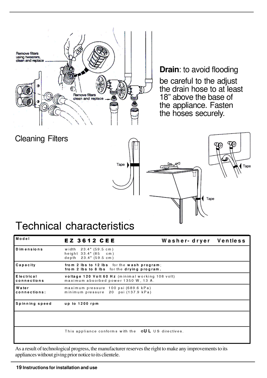 Equator 3612 owner manual Drain to avoid flooding, 3 6 1 2 C E E S h e r d r y e r V e n tle s s 