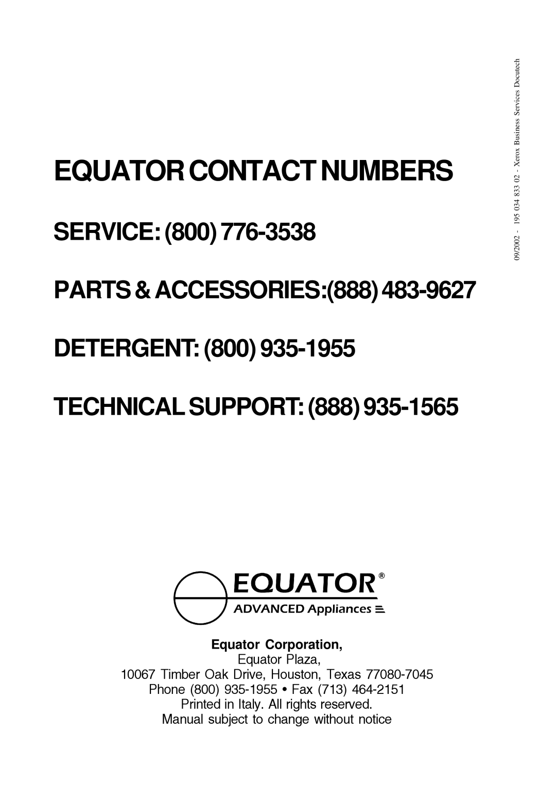 Equator 3612 owner manual Equator Contact Numbers, Equator Corporation 