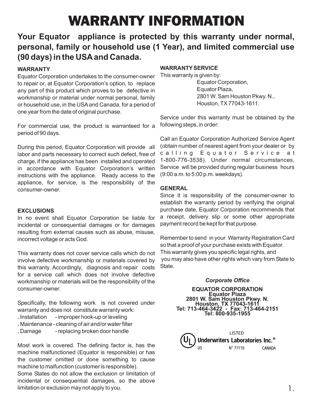 Equator 375 service manual Warranty Information 