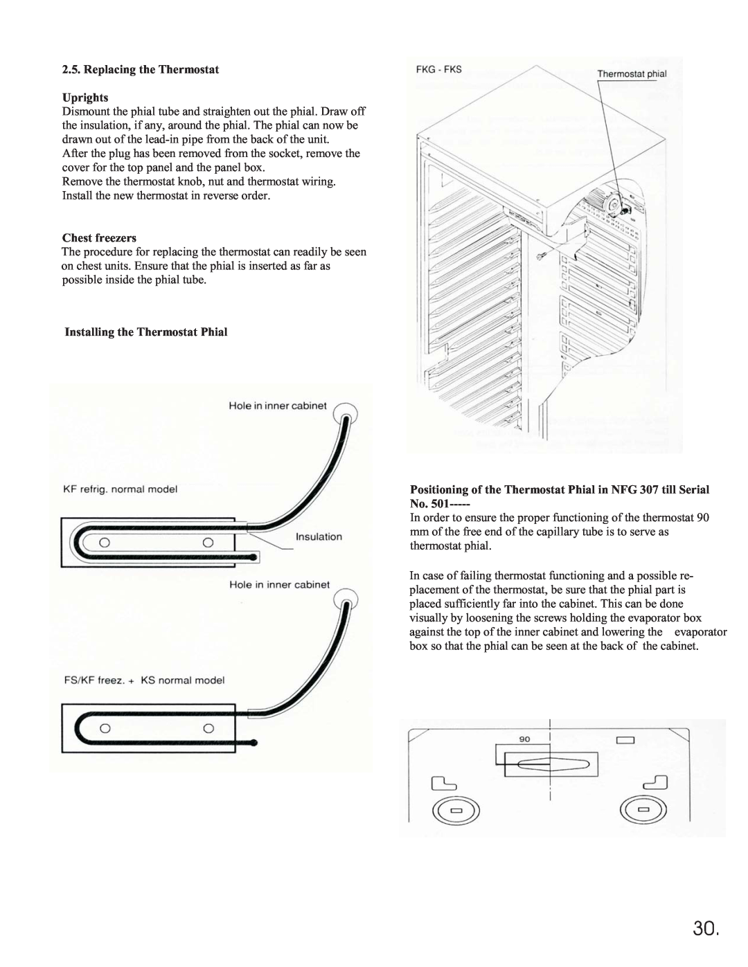 Equator 375 service manual Replacing the Thermostat Uprights, Chest freezers, Installing the Thermostat Phial 