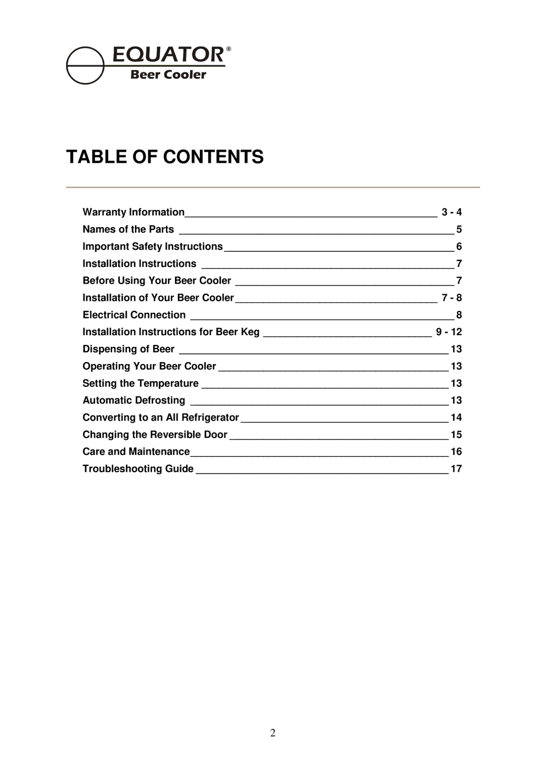 Equator BCR 500 manual Table of Contents 