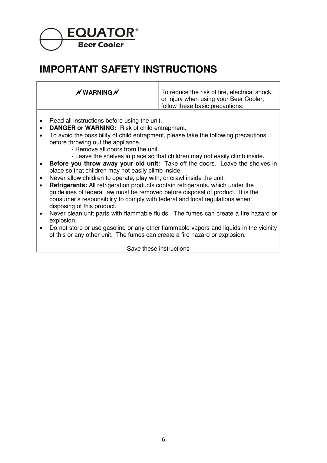 Equator BCR 500 manual Important Safety Instructions, ~Warning~ 