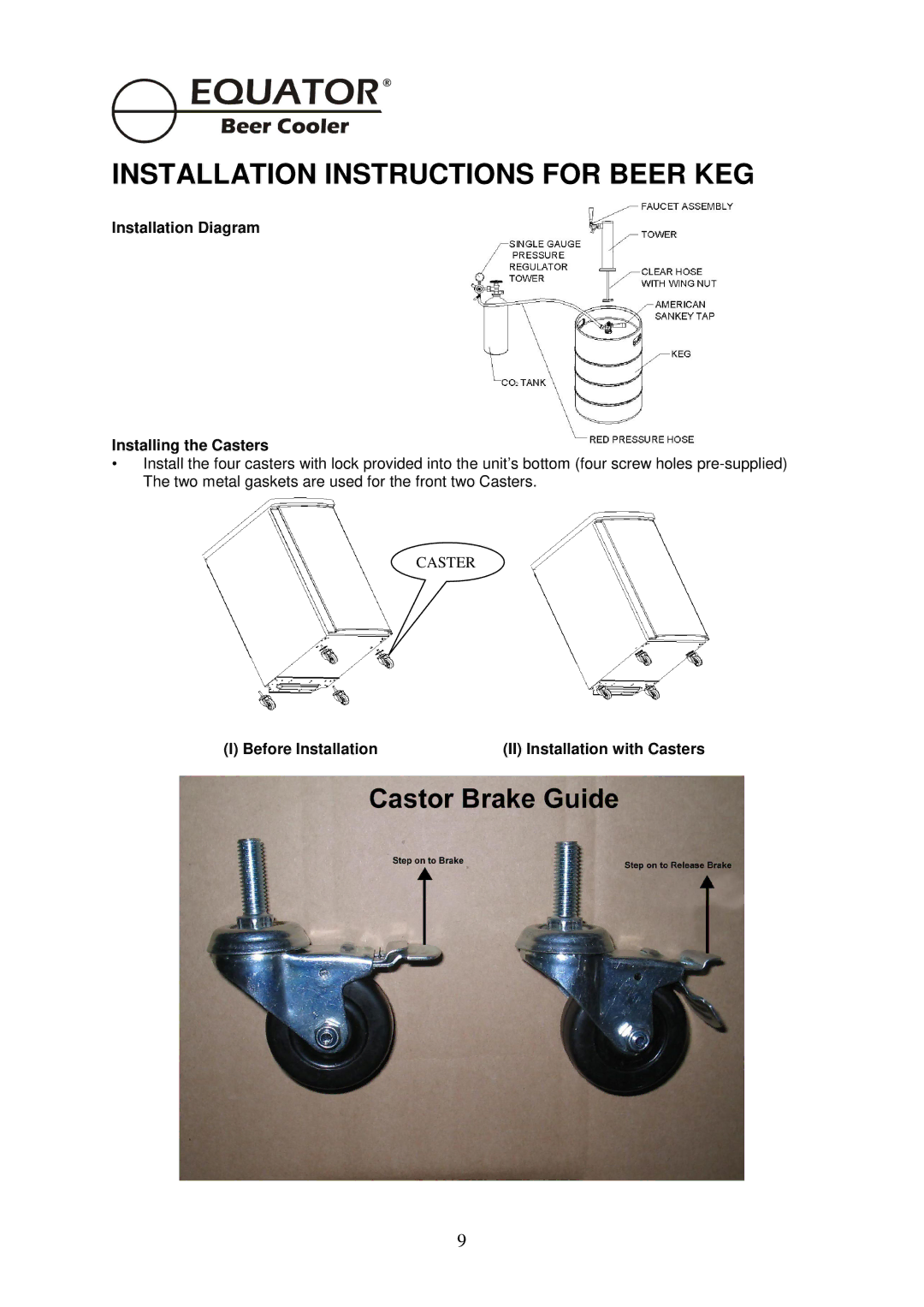 Equator BCR 500 manual Installation Instructions for Beer KEG, Installation Diagram Installing the Casters 