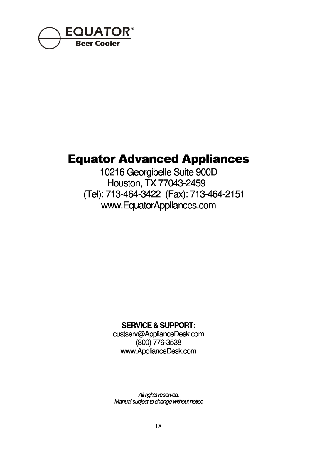 Equator BCR 500 Equator Advanced Appliances, Georgibelle Suite 900D Houston, TX, Service & Support, All rights reserved 