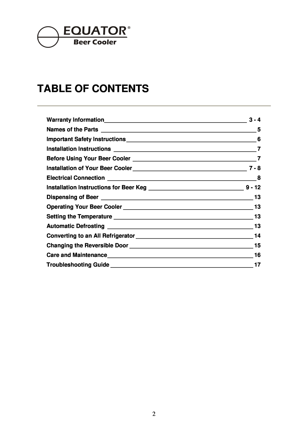 Equator BCR 500 manual Table Of Contents 