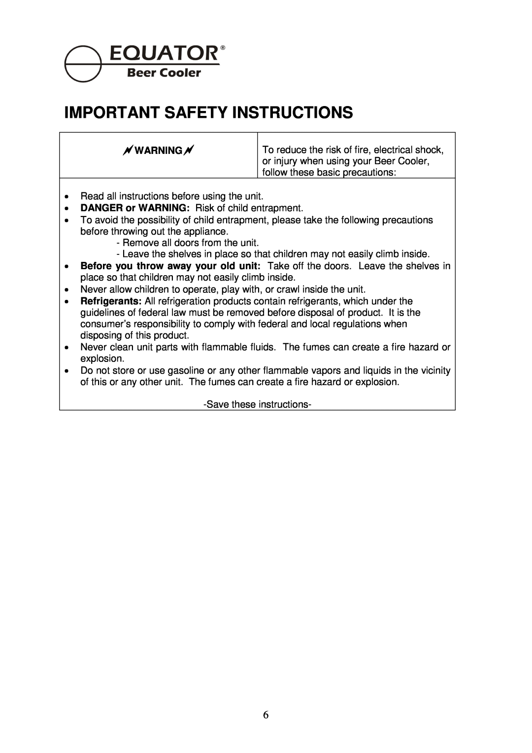 Equator BCR 500 manual Important Safety Instructions, ~Warning~ 