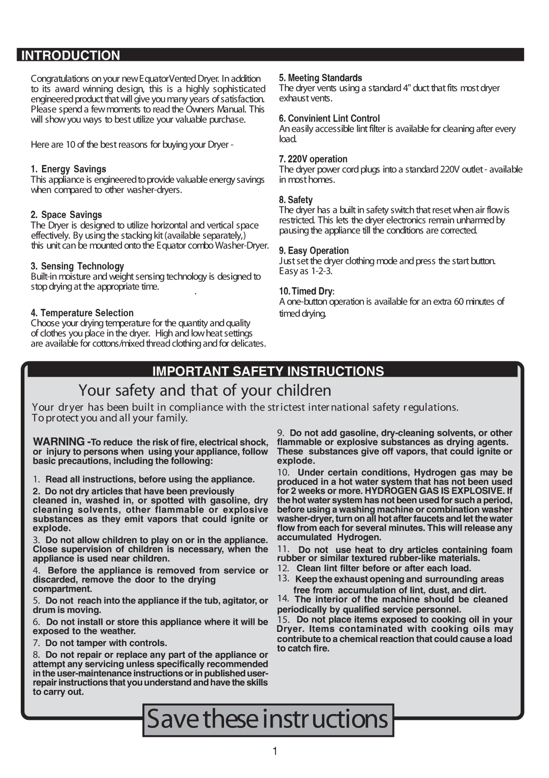 Equator CL 837 V manual Introduction, Important Safety Instructions 