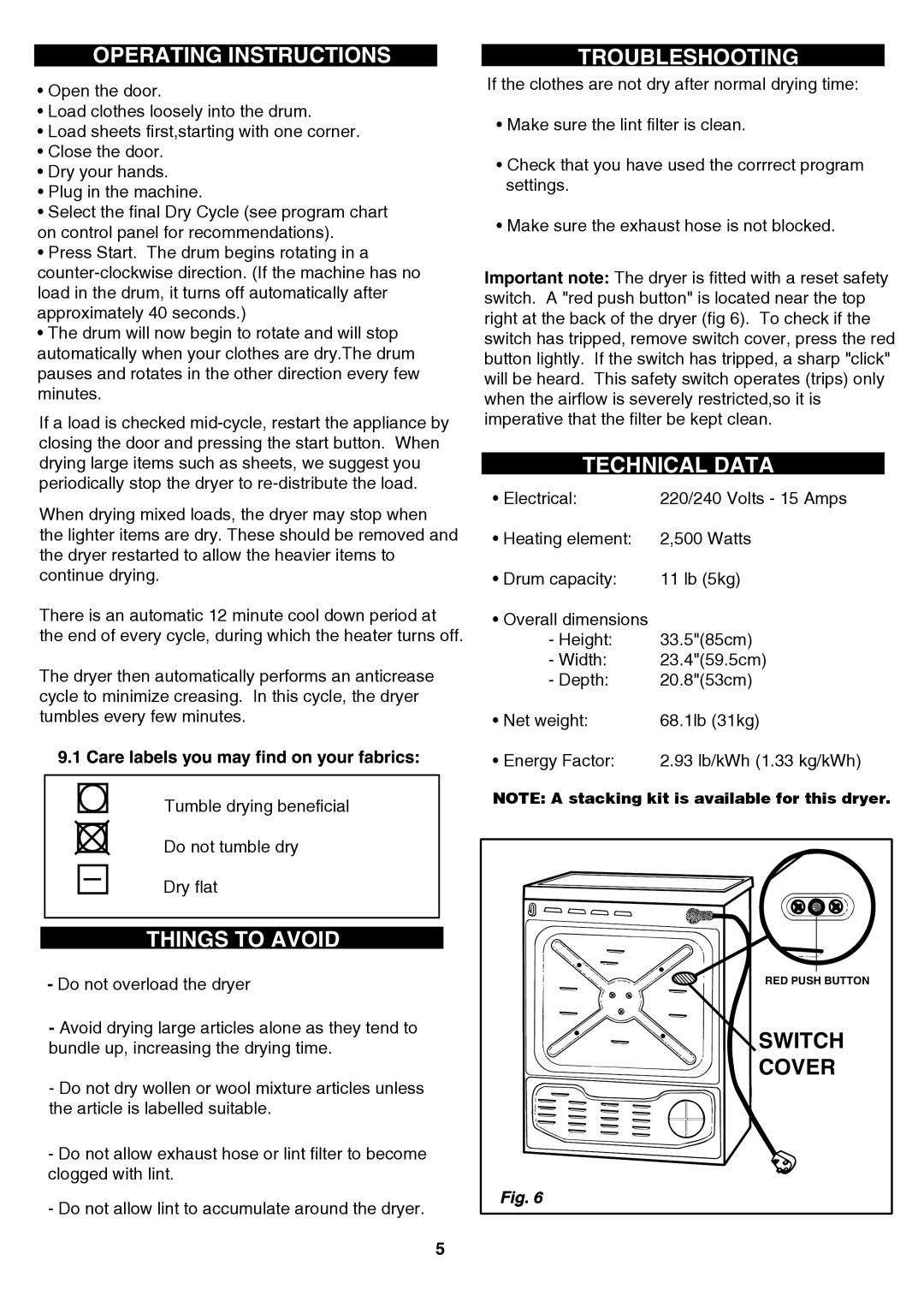 Equator CL 837 V manual Operating Instructions, Things to Avoid, Troubleshooting, Technical Data 