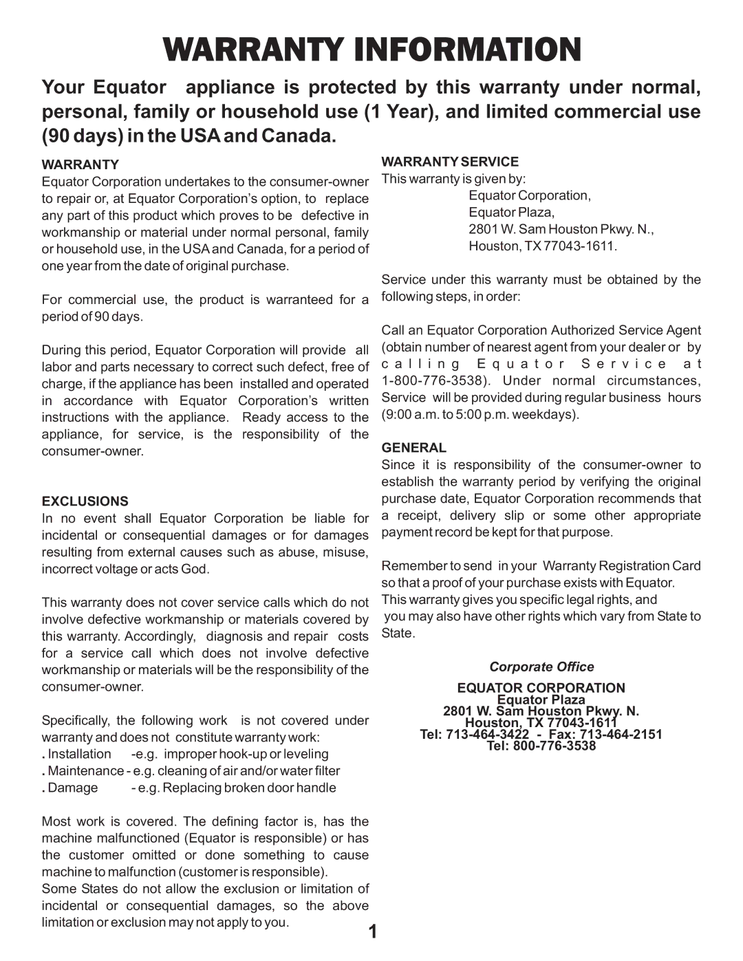 Equator CM 3000 service manual Warranty Information 