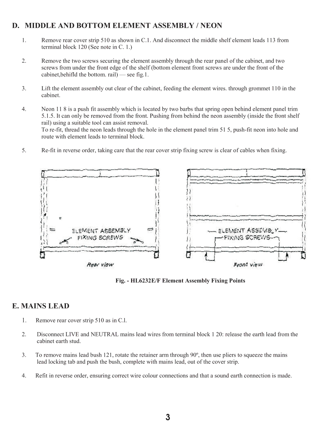 Equator CM 3000 service manual Middle and Bottom Element Assembly / Neon, Mains Lead 