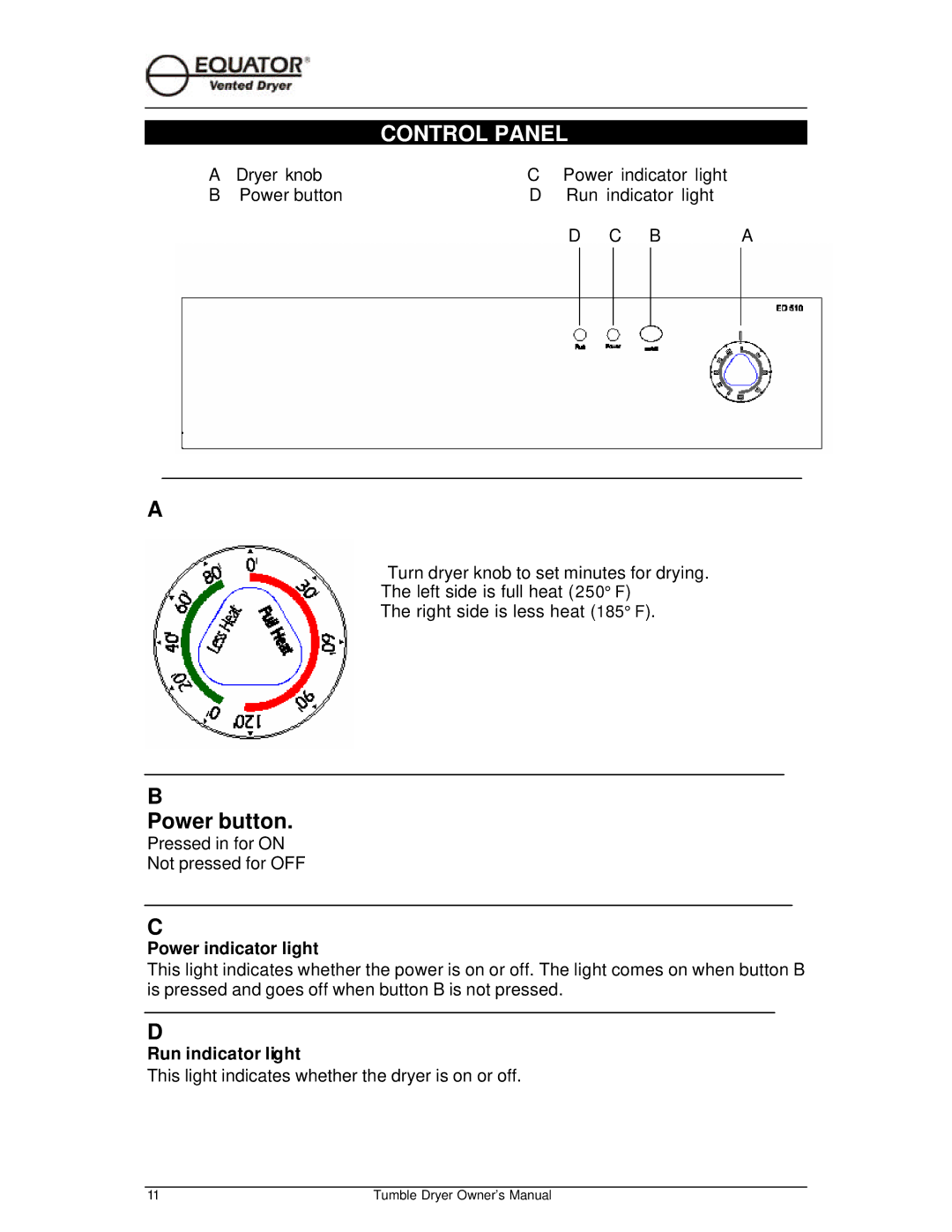 Equator ED 510 owner manual Control Panel, Power button 