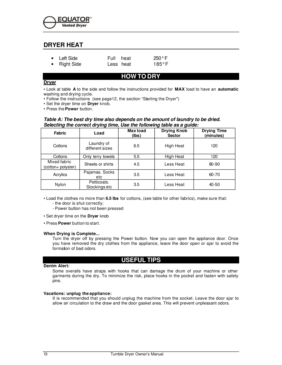 Equator ED 510 owner manual HOW to DRY, Useful Tips 