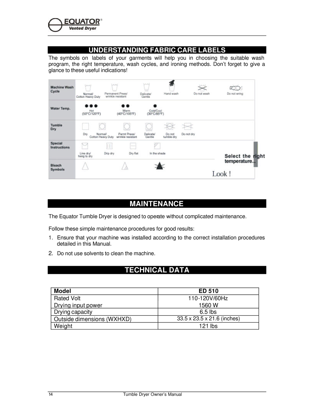 Equator ED 510 owner manual Maintenance, Technical Data, Understanding Fabric Care Labels 