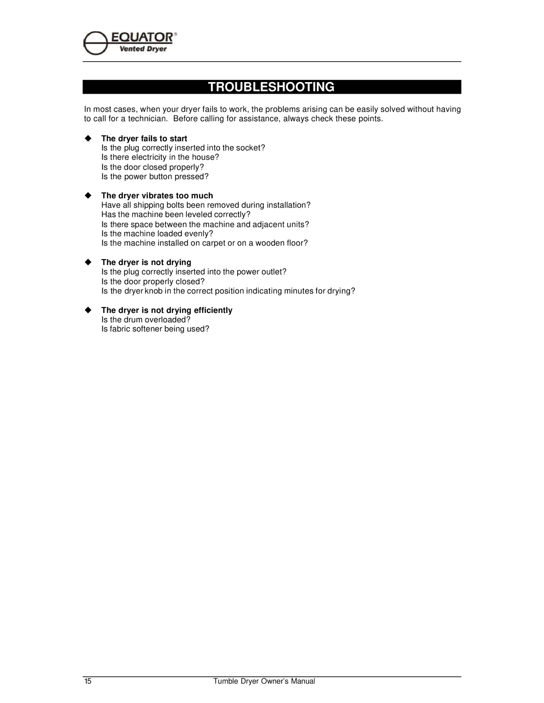 Equator ED 510 owner manual Troubleshooting, Dryer fails to start 