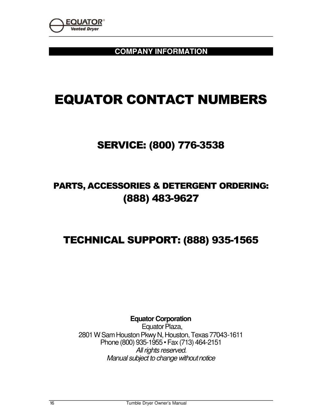 Equator ED 510 owner manual Equator Contact Numbers, Company Information 