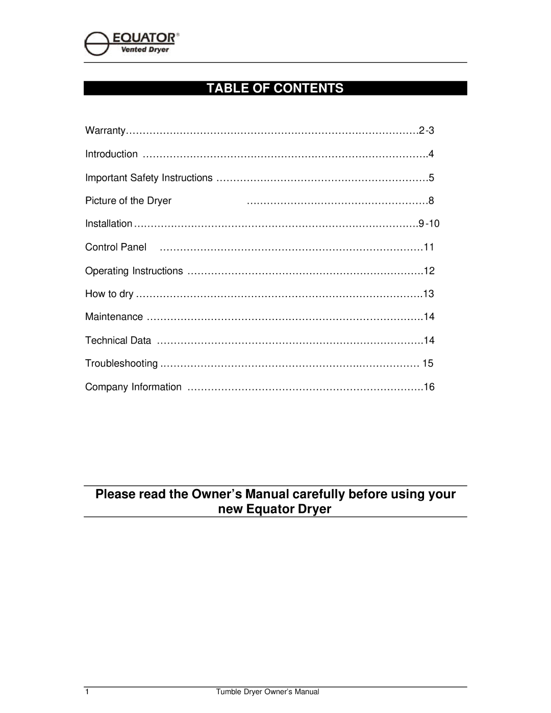 Equator ED 510 owner manual Table of Contents 