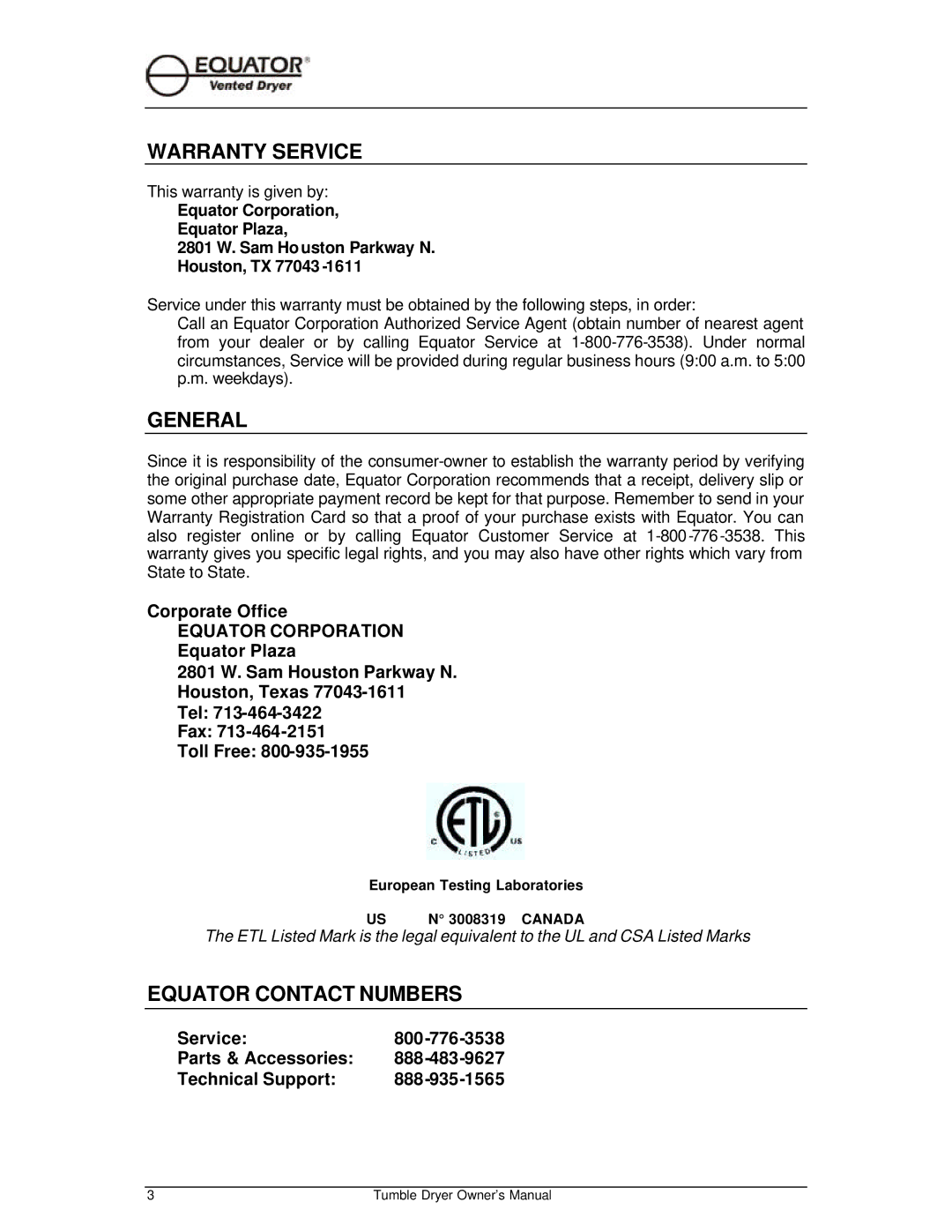 Equator ED 510 owner manual Equator Contact Numbers 