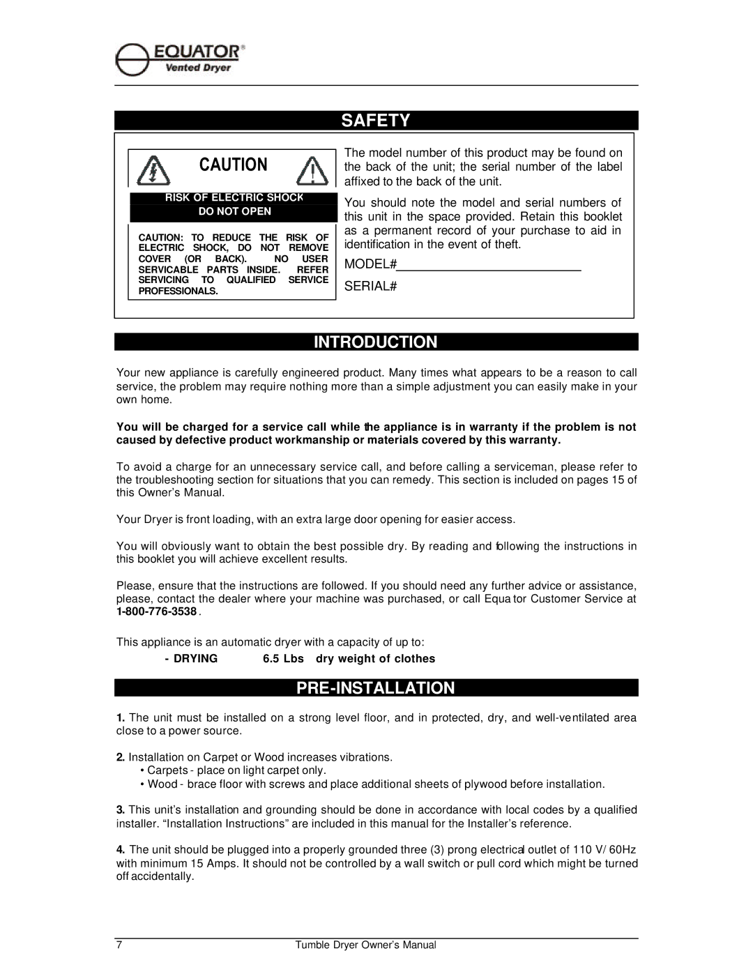 Equator ED 510 owner manual Safety, Introduction, Pre-Installation 