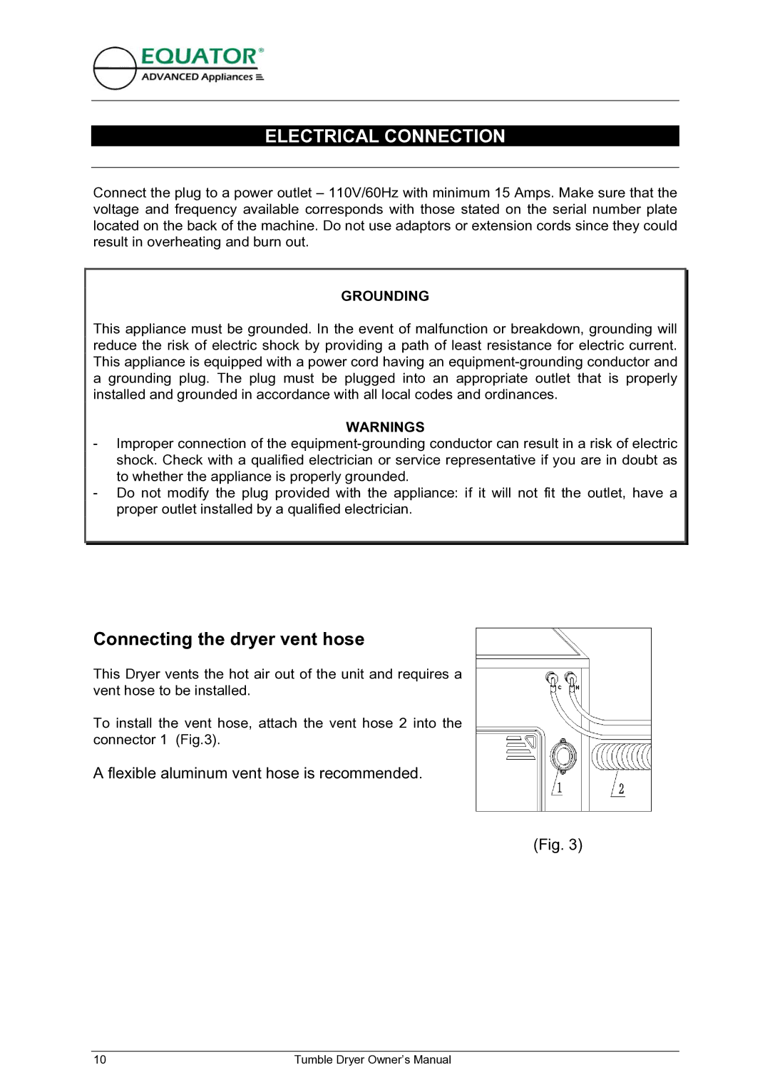 Equator ED 620 owner manual Electrical Connection, Grounding 