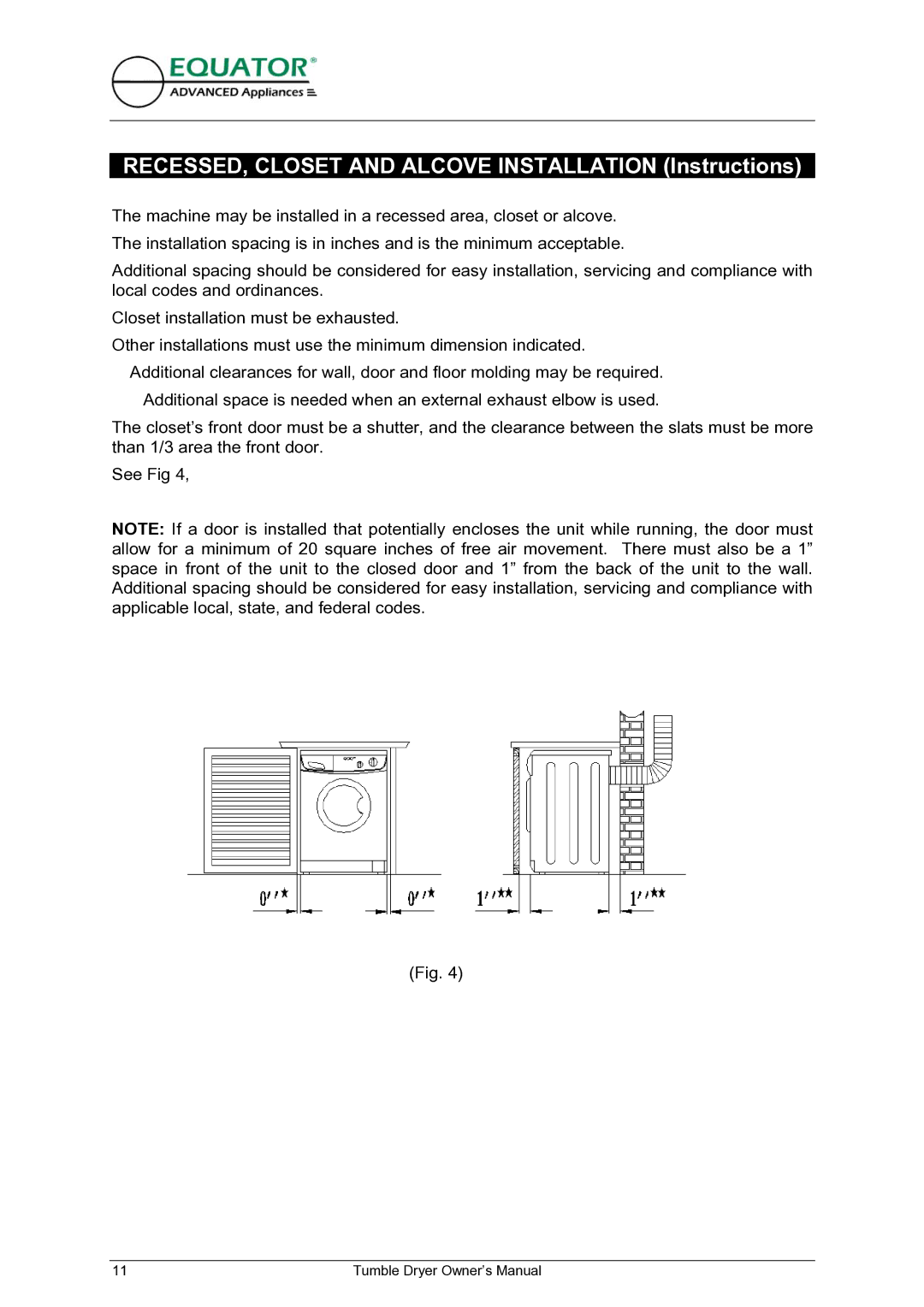 Equator ED 620 owner manual RECESSED, Closet and Alcove Installation Instructions 