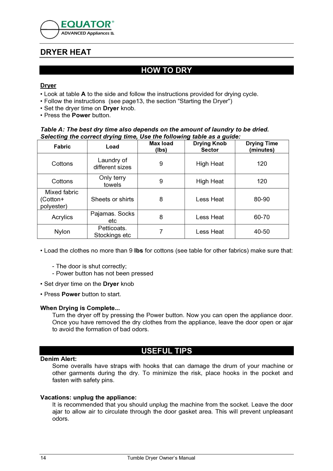 Equator ED 620 owner manual HOW to DRY, Useful Tips 