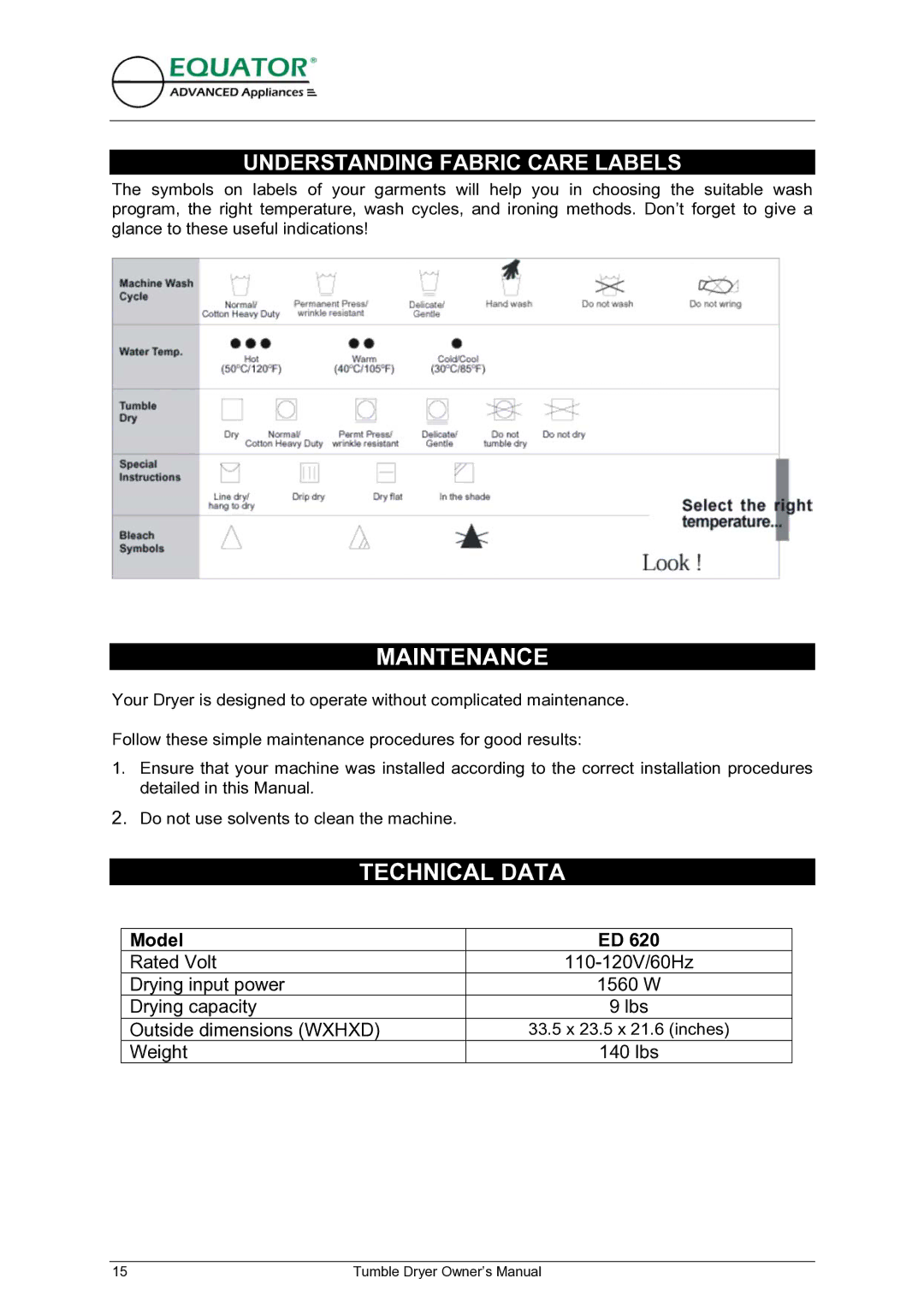 Equator ED 620 owner manual Maintenance, Technical Data, Understanding Fabric Care Labels 