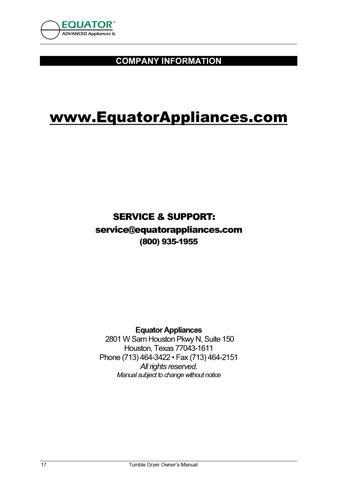 Equator ED 620 owner manual Company Information, Service & Support service@equatorappliances.com 