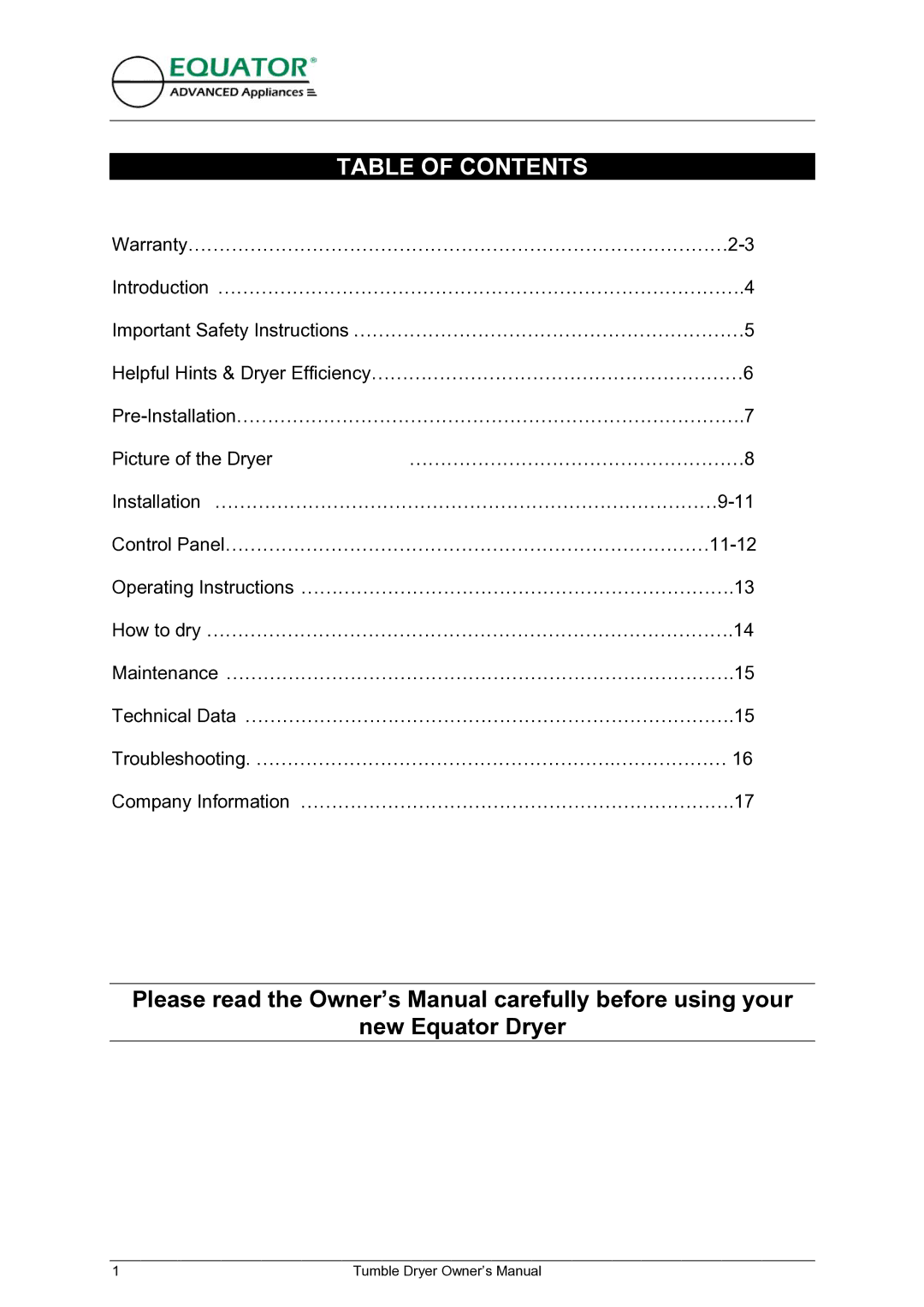 Equator ED 620 owner manual Table of Contents 