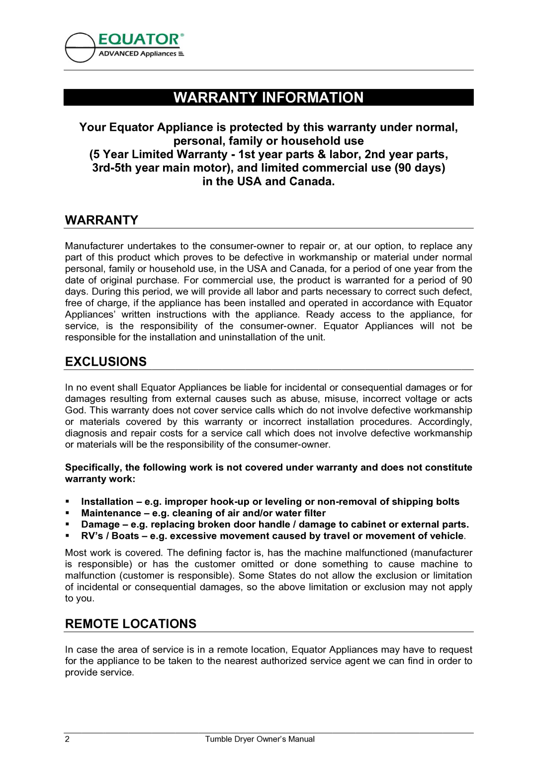 Equator ED 620 owner manual Warranty Information 