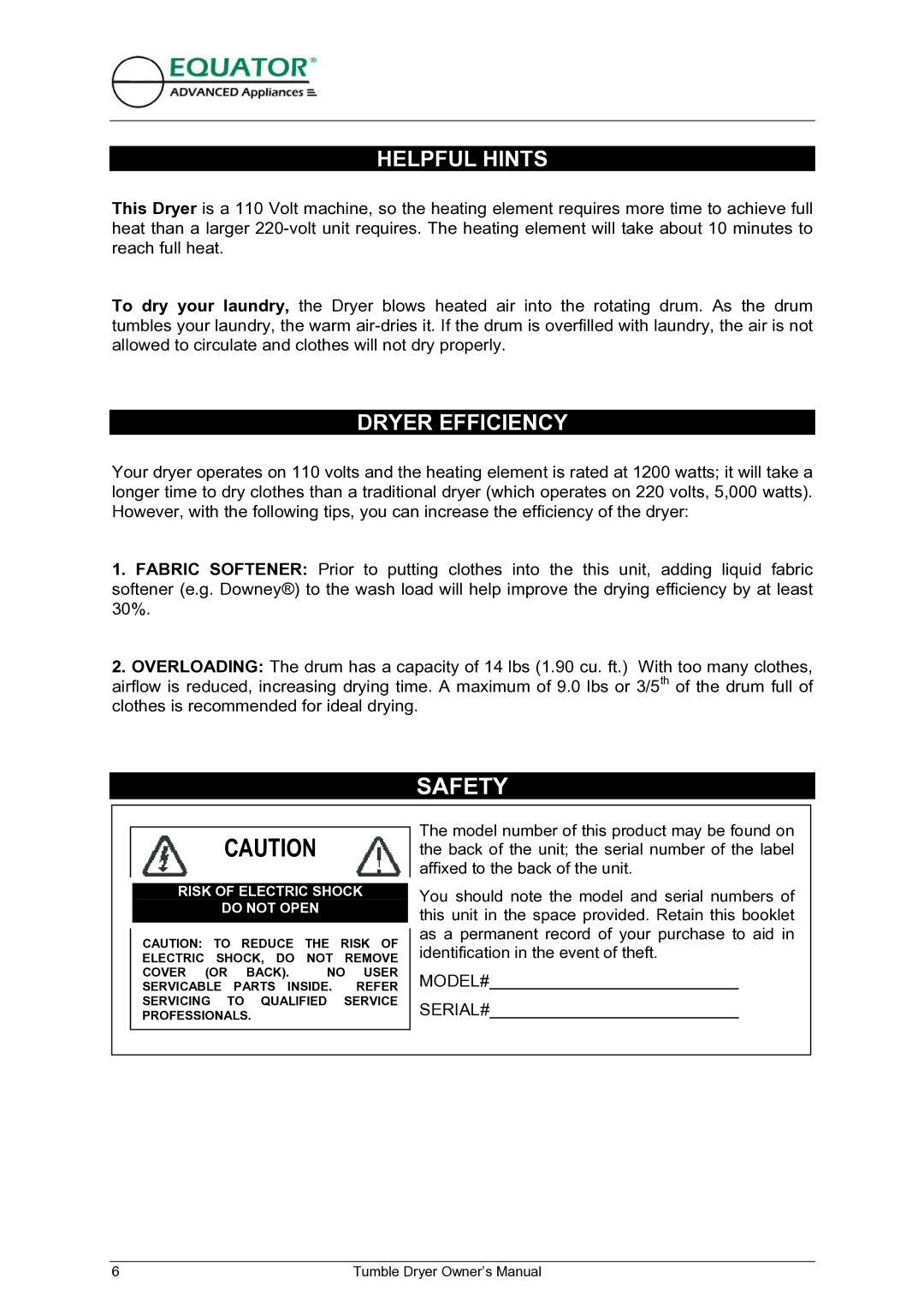 Equator ED 620 owner manual Safety, Helpful Hints, Dryer Efficiency 