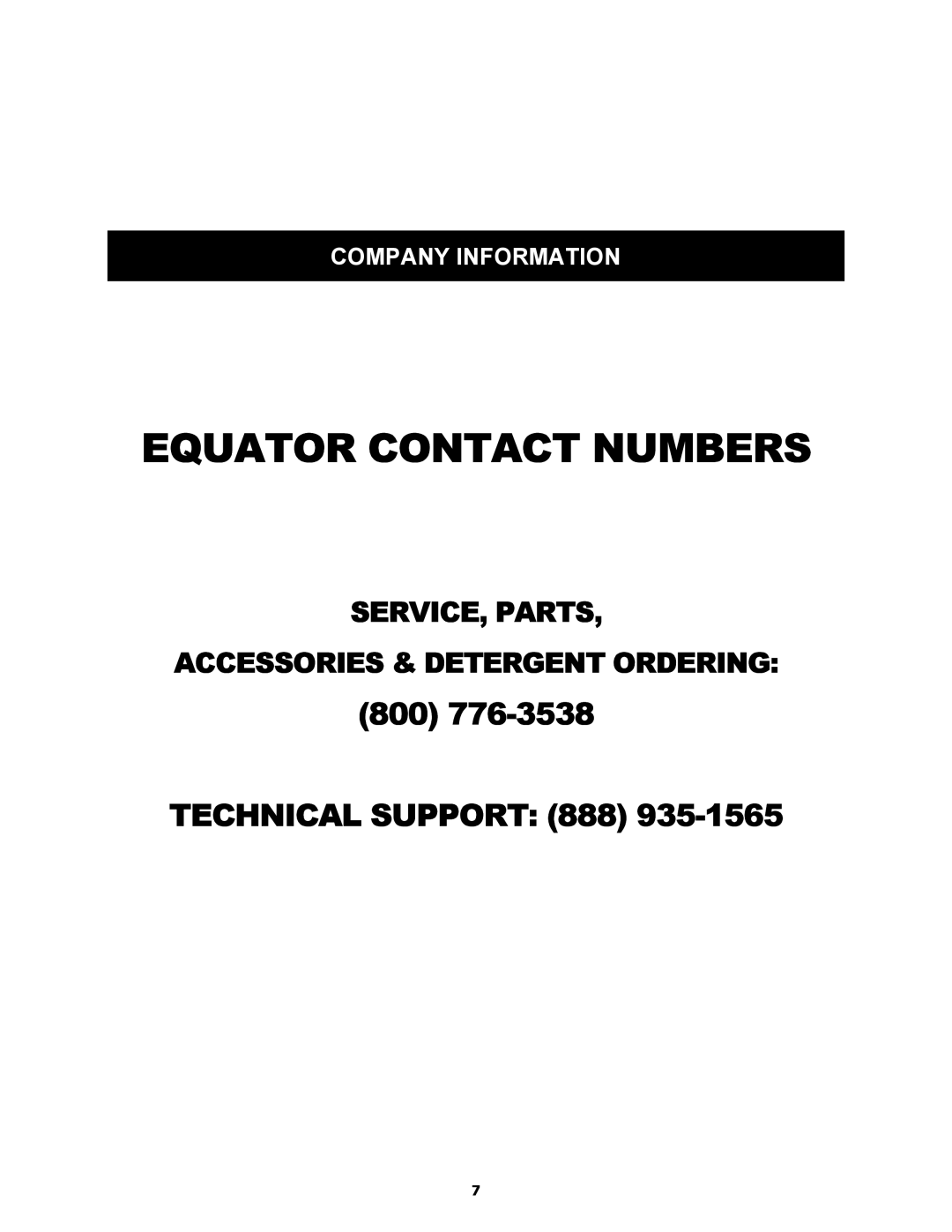 Equator ED510 service manual Equator Contact Numbers 