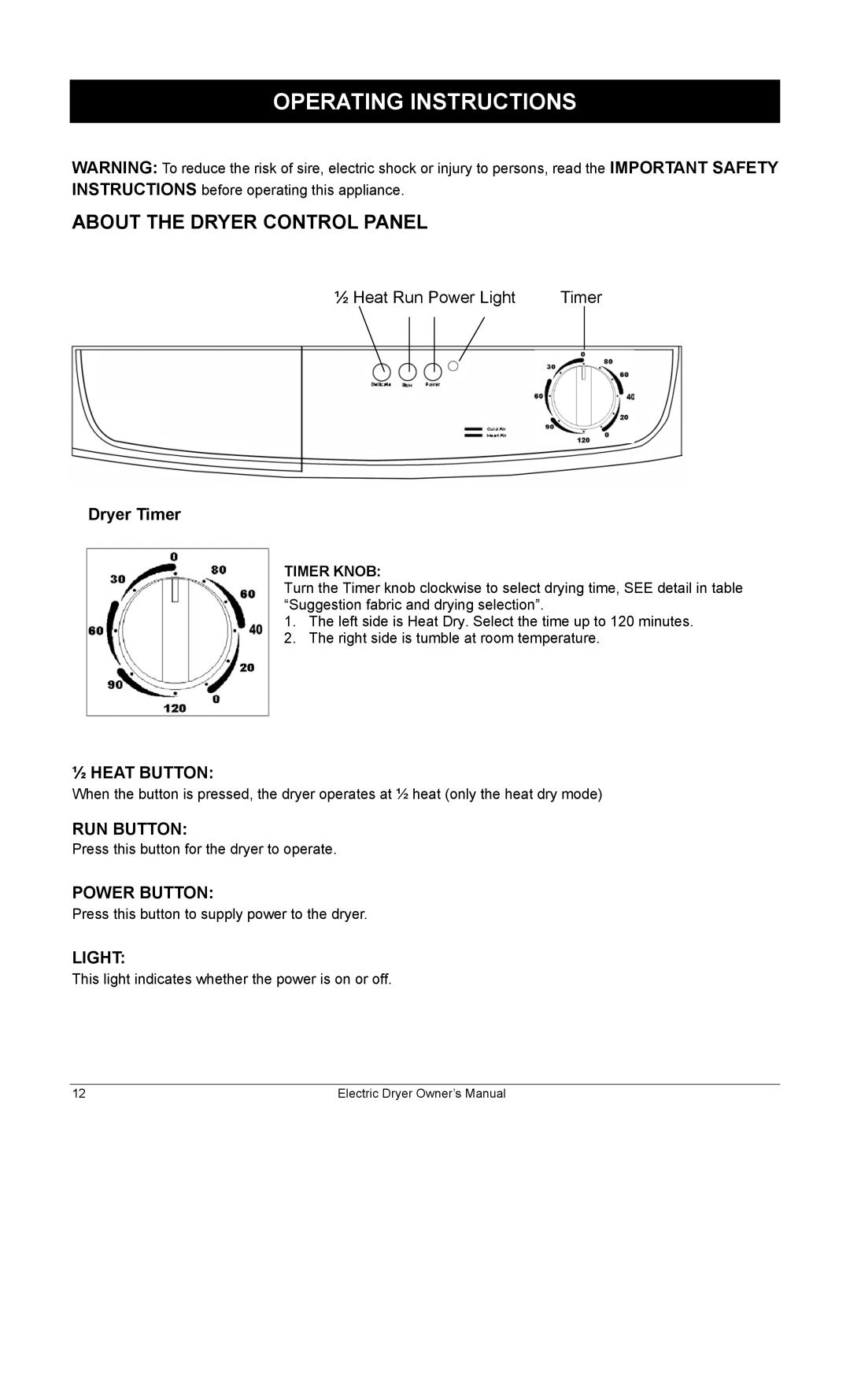 Equator ED622 owner manual Operating Instructions, About the Dryer Control Panel 