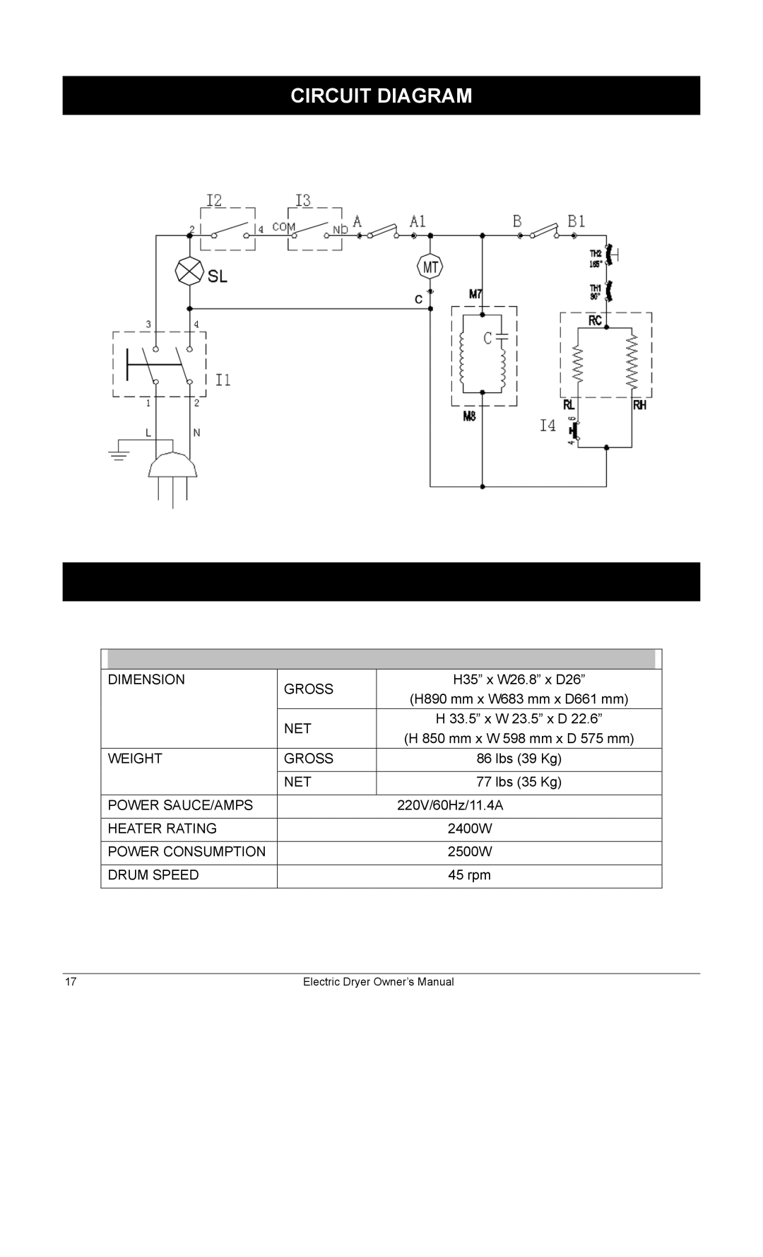 Equator ED622 owner manual Circuit Diagram, Electric Tumble Dryer Vented 