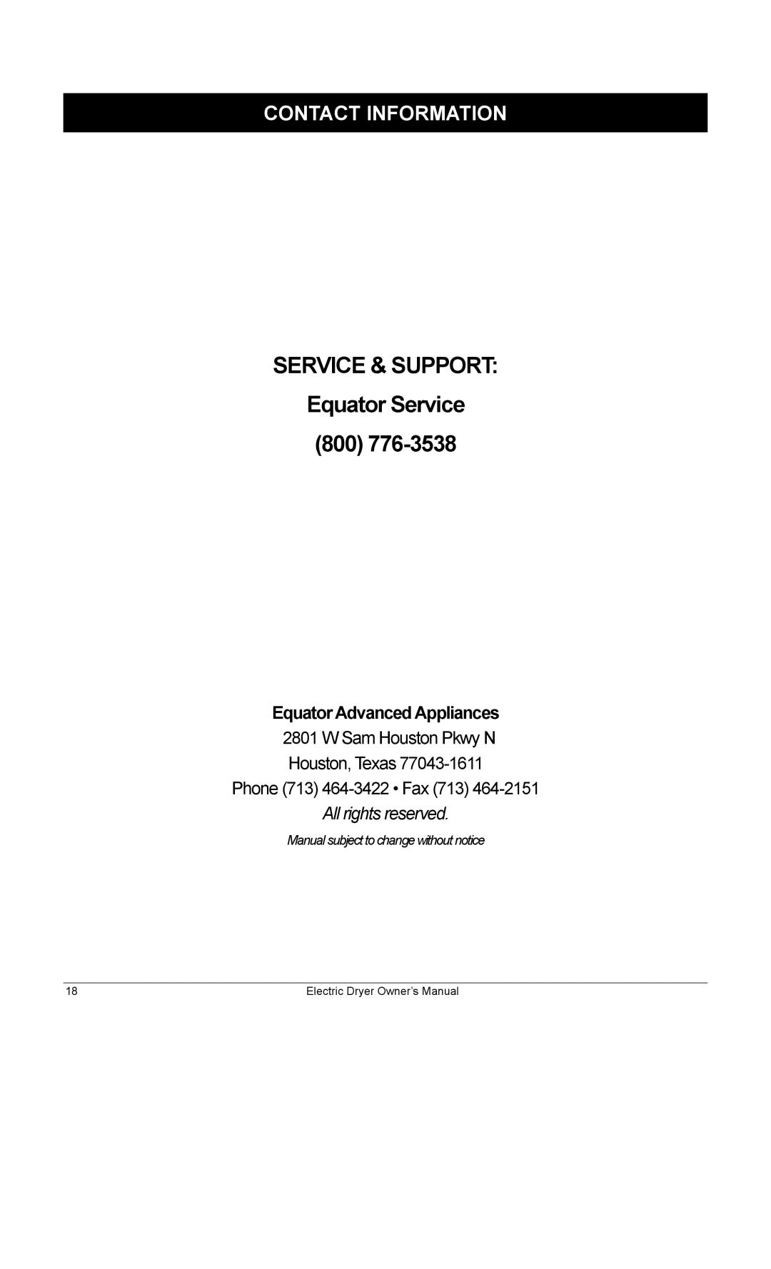 Equator ED622 owner manual Service & Support, Contact Information 