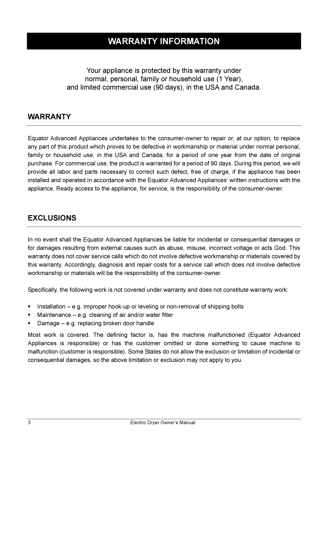 Equator ED622 owner manual Warranty Information, Exclusions 