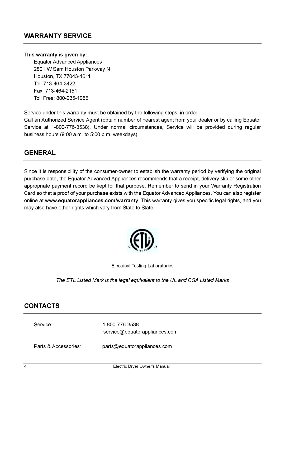 Equator ED622 owner manual Warranty Service, General, Contacts 