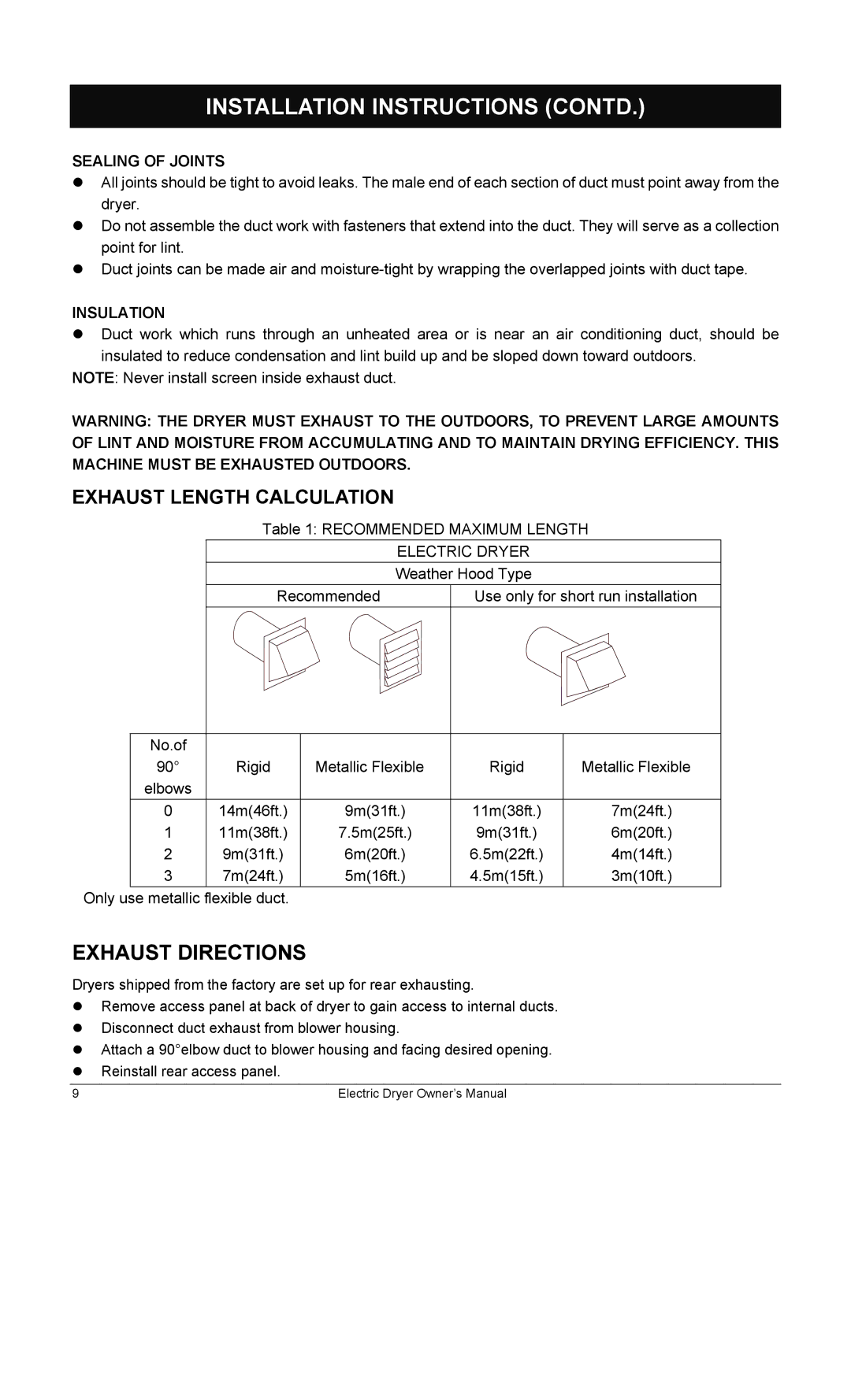 Equator ED622 Installation Instructions Contd, Exhaust Directions, Exhaust Length Calculation, Sealing of Joints 