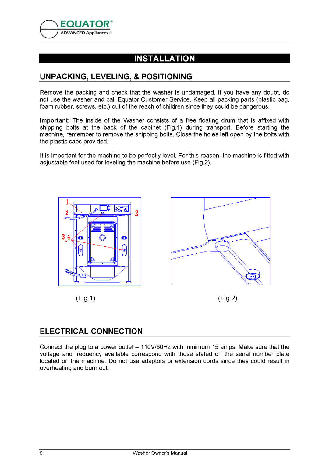 Equator EW 620 owner manual Installation, UNPACKING, LEVELING, & Positioning, Electrical Connection 