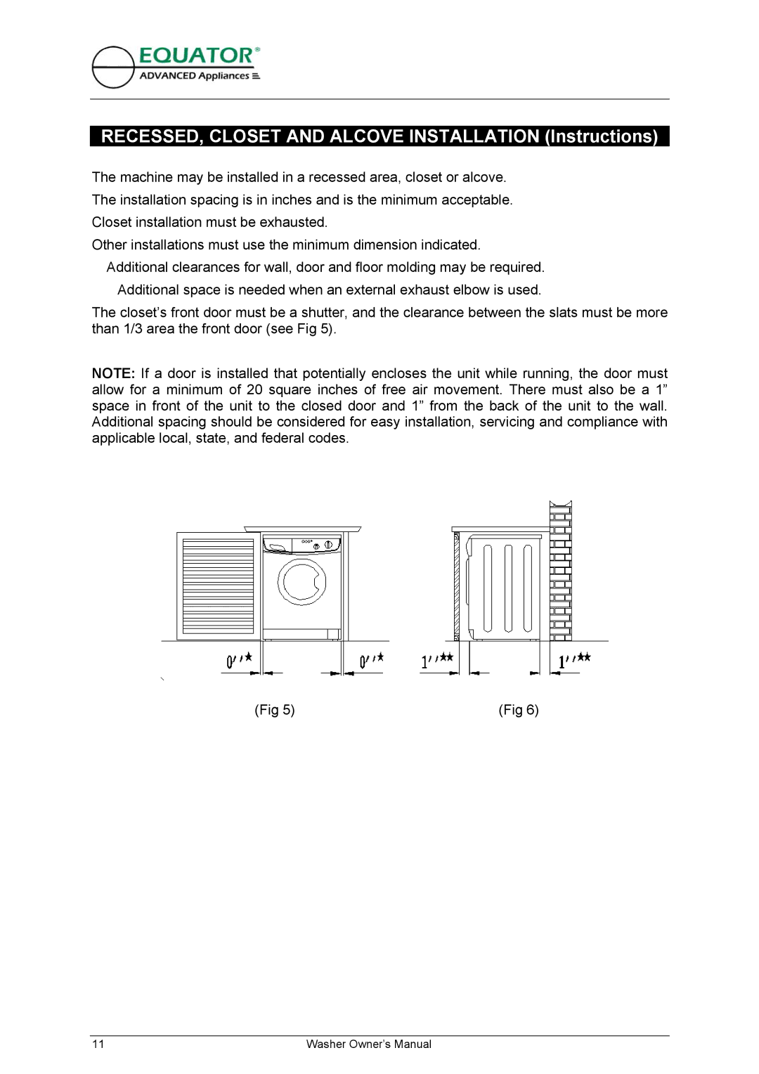 Equator EW 620 owner manual RECESSED, Closet and Alcove Installation Instructions 