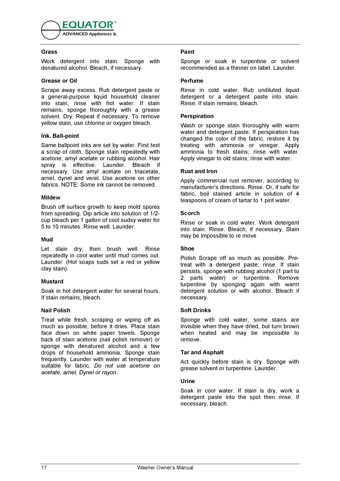 Equator EW 620 owner manual Grass 