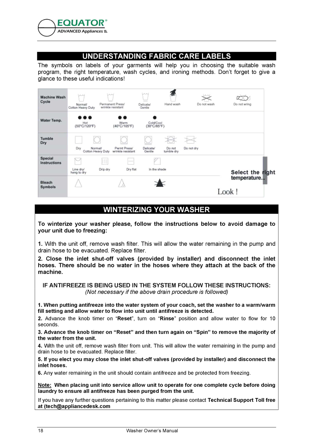 Equator EW 620 owner manual Understanding Fabric Care Labels, Winterizing Your Washer 