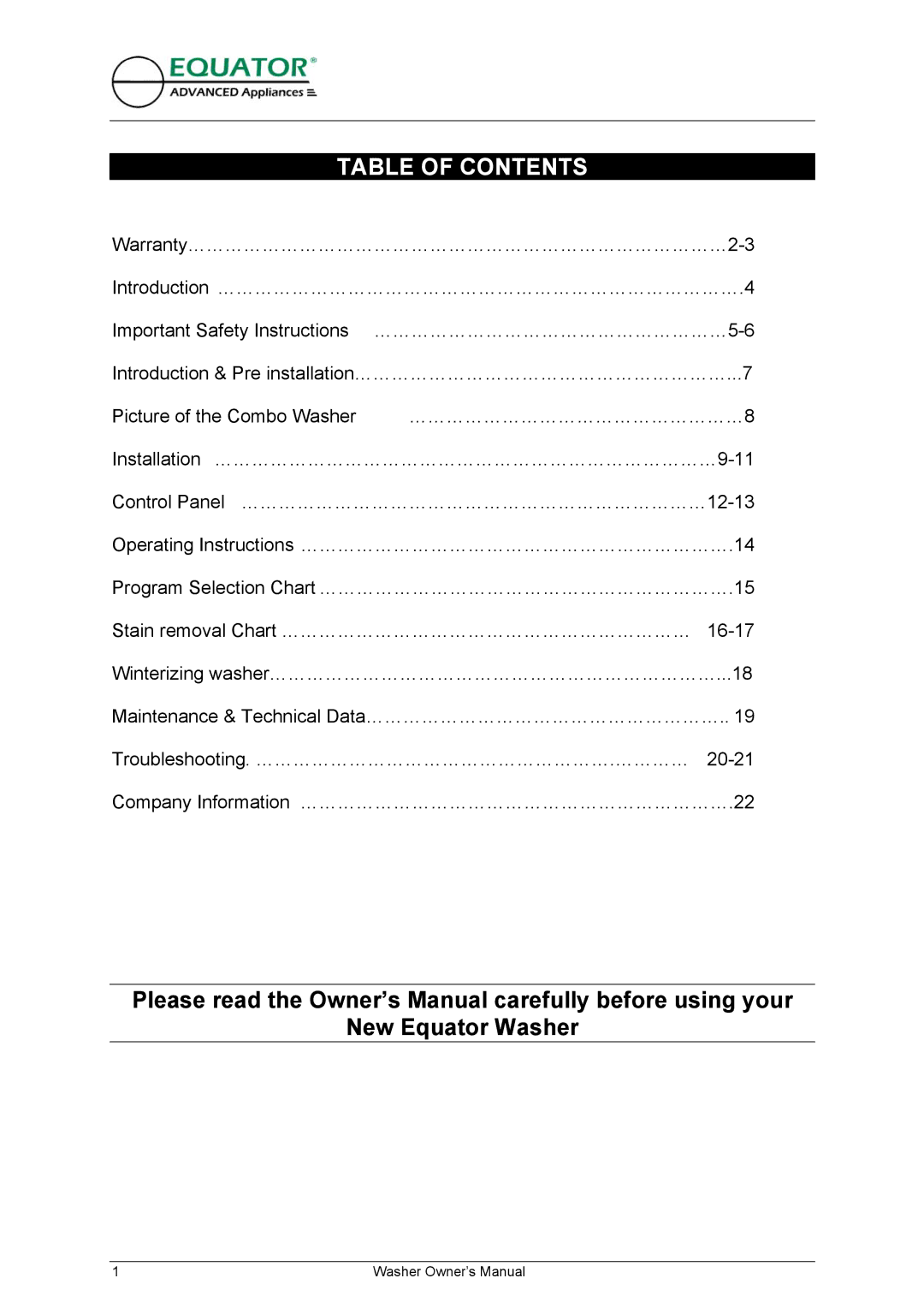 Equator EW 620 owner manual Table of Contents 