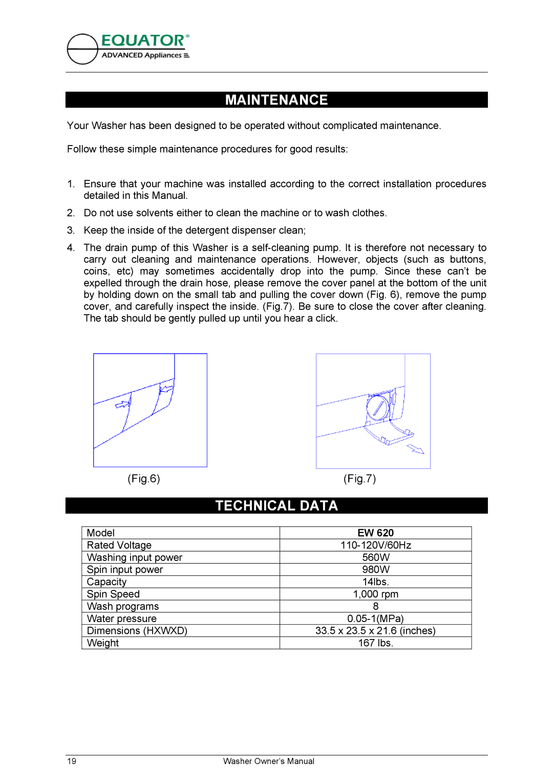 Equator EW 620 owner manual Maintenance, Technical Data 