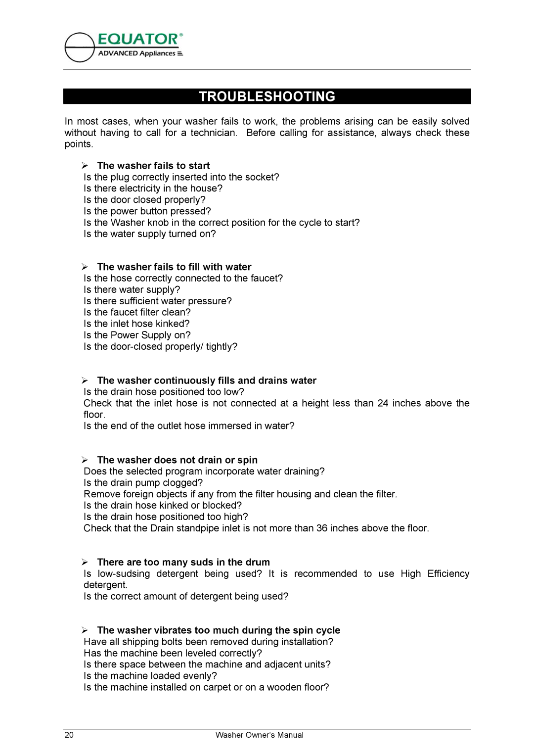 Equator EW 620 owner manual Troubleshooting 