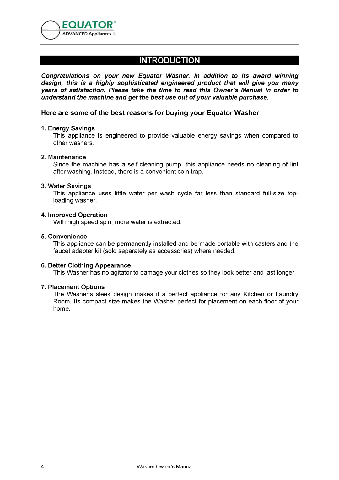 Equator EW 620 owner manual Introduction 