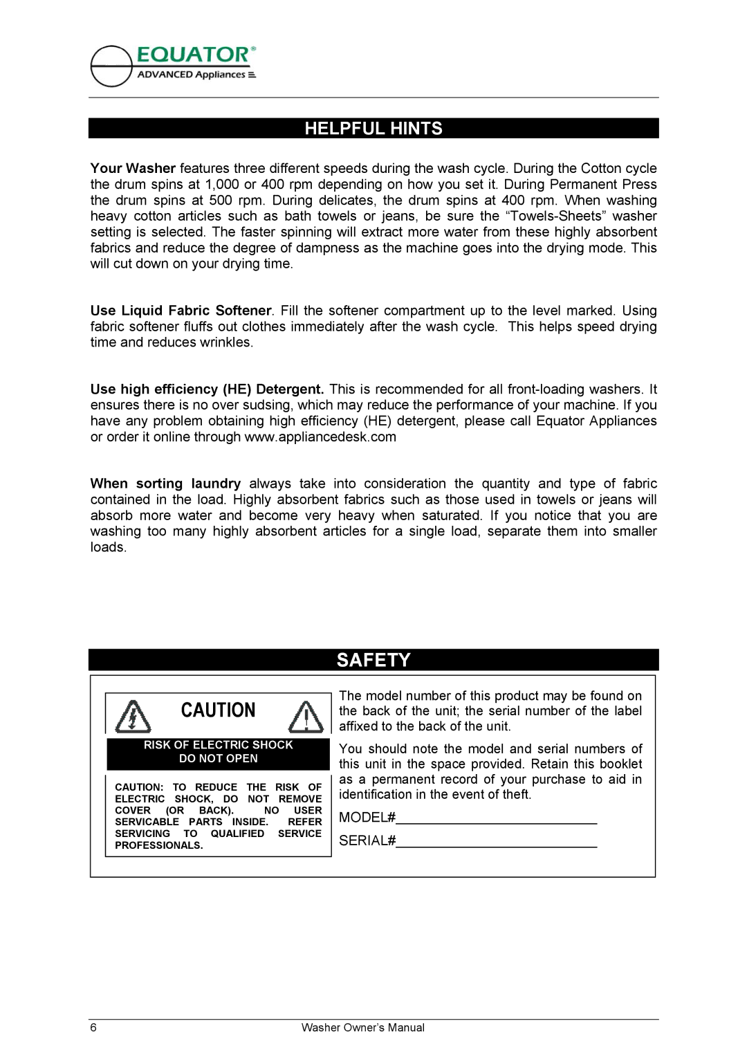 Equator EW 620 owner manual Safety, Helpful Hints 