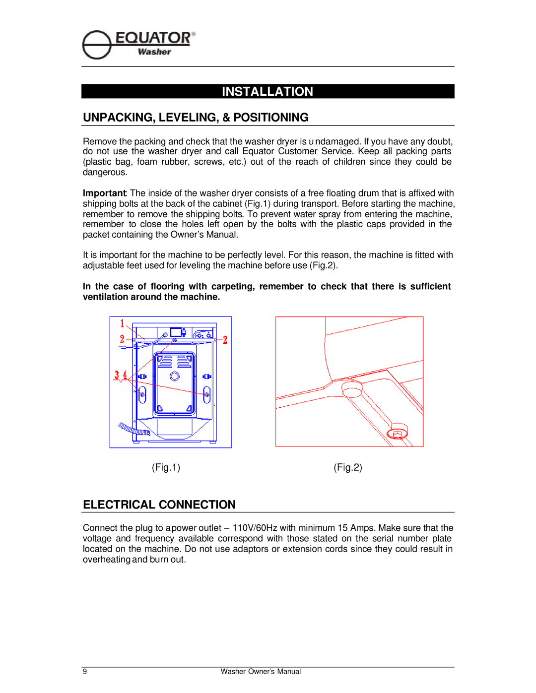 Equator EW510 owner manual Installation, UNPACKING, LEVELING, & Positioning, Electrical Connection 